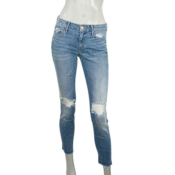 MOTHER Denim The Looker Ankle Fray in Blue Wild Things knee ripped sz 27 - Picture 1 of 14